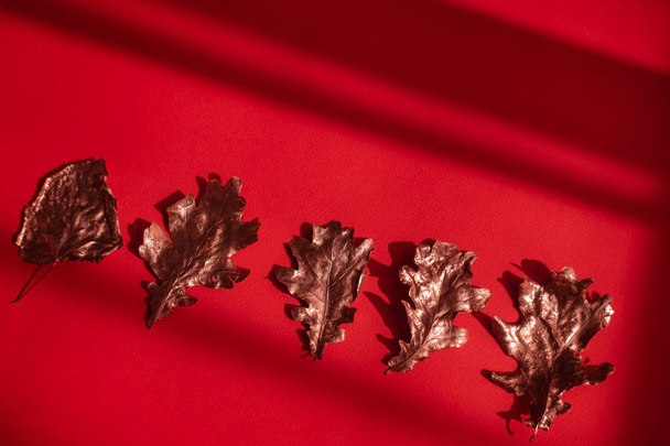 Kırmızı arkaplanda düz gül altın yaprakları - Fotoğraf, Görsel