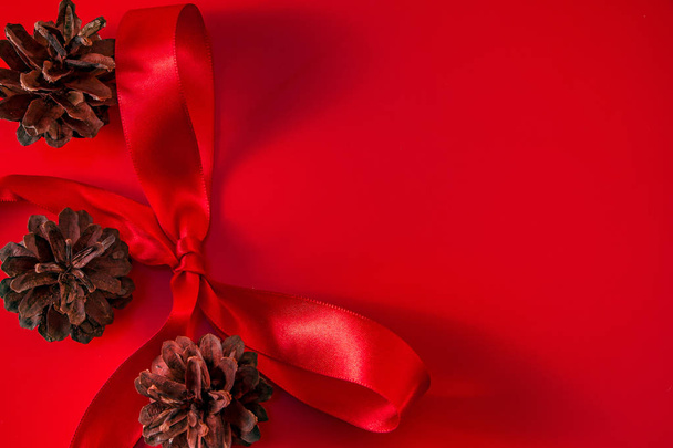 Kerstcompositie met kopieerruimte op een rode achtergrond. Zoete lolly 's en dennentwijgen met kegels. - Foto, afbeelding