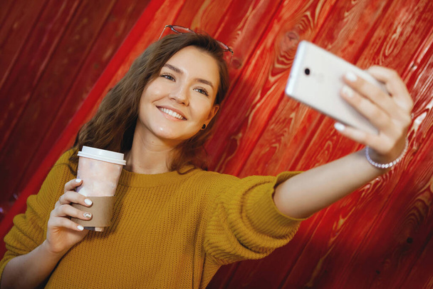 Portrait of beautiful young woman with phone in cafe. - Photo, Image