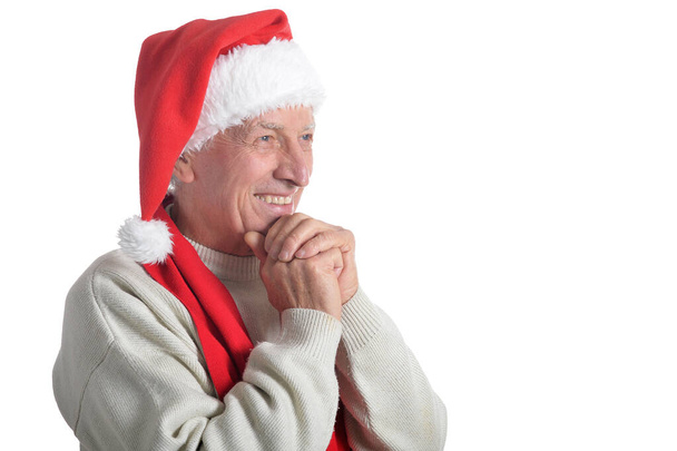 Portrait of happy senior man in Santa hat isolated on white background  - Fotografie, Obrázek