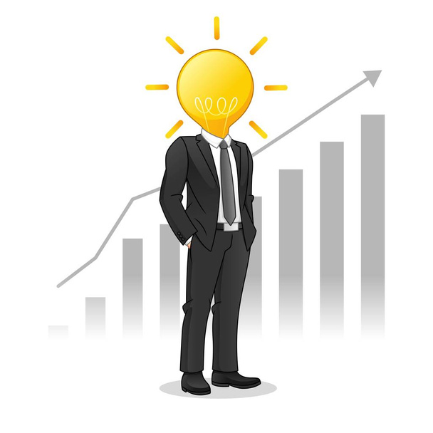 Businessman with Light Bulb Head Managed to Raise The Chart, Business Innovation Concept, Cartoon Vector Illustration Design, in Isolated White Background. - Vector, Image