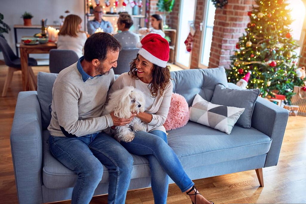 Rodzina i przyjaciele jadalnia w domu świętując Wigilię Bożego Narodzenia z tradycyjnym jedzeniem i dekoracji, para rozmawiając razem siedzi na kanapie z psem - Zdjęcie, obraz
