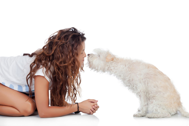 Happy girl with her dog isolated - Foto, Imagen