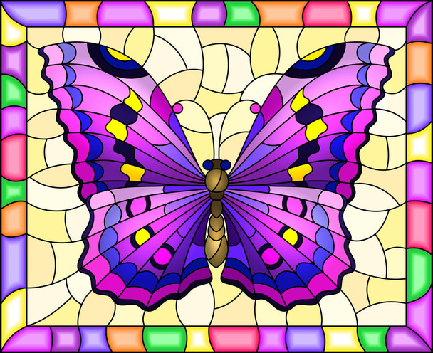 Ilustrace ve stylu barevného skla s jasně fialovým motýlem na žlutém pozadí v jasném rámu - Vektor, obrázek