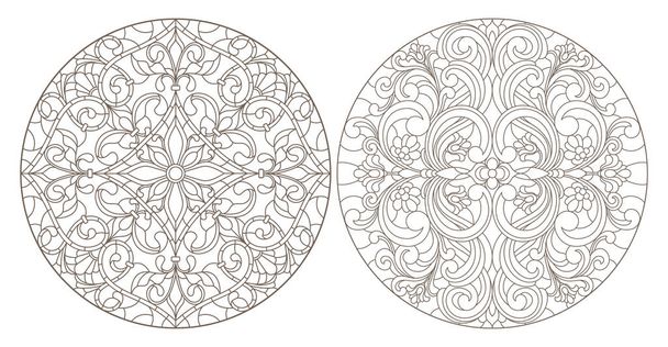 Встановіть контурні ілюстрації вітражів, круглих вітражних квіткових прикрас, темні контури на білому тлі
 - Вектор, зображення