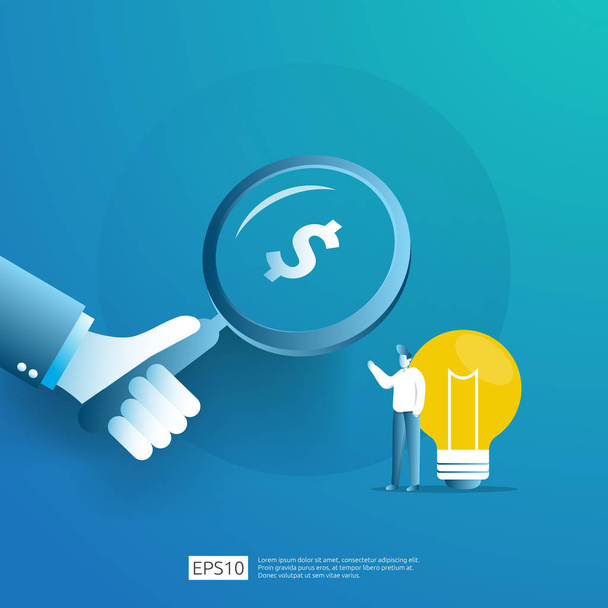 smart investment on technology startup. angel investor business analytic. opportunity idea research concept with lamp light bulb and businessman character element. Vector illustration. - Vector, Image