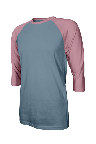 あなた自身のデザインのロゴをこの角度付きフロント3四半期スリーブ野球Tシャツはブルーストーンカラーでモックアップします。このフォトリアリスティックなモックアップであなたの服を促進する - 写真・画像