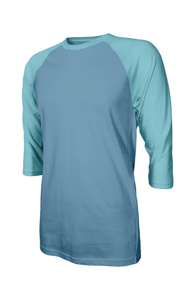 Showcase your own designs logo on this Angled Front Three Quarter Sleeves Baseball Tshirt Mock Up In Blue Niagara Color. Promote your clothing across with this photorealistic Mock up - Photo, Image
