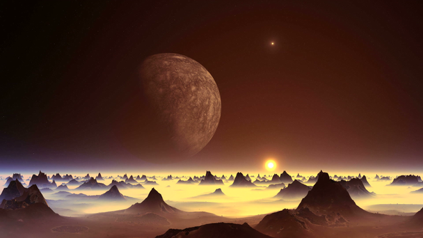 Ufo boven een Buitenaardse Planeet. Van de enorme maan vliegt een helder gloeiend object (Ufo). Over de wazige horizon geel ondergaande zon in een halo. Woestijnkliffen behoren tot de dichte mist.. - Video