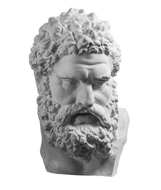 Gypsum copy of ancient statue Heracles head isolated on white background. Plaster sculpture man face. - Photo, Image