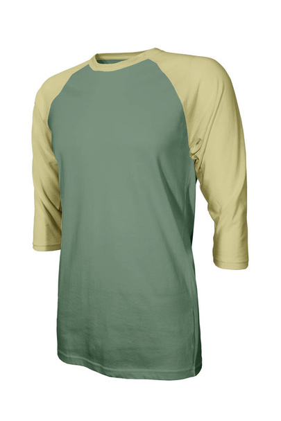 Παρουσιάστε το δικό σας λογότυπο σχέδια σε αυτό το Angled Front Three Quarter μανίκια Μπέιζμπολ Tshirt Mock Up Σε Hybrid Comfrey Χρώμα. Προώθηση ρούχα σας σε όλη με αυτό το φωτορεαλιστικό Mock up - Φωτογραφία, εικόνα