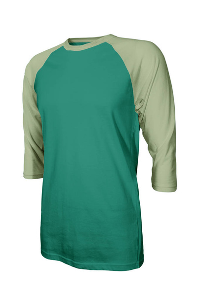 あなた自身のデザインのロゴをこの角度付きフロント3四半期スリーブ野球Tシャツは緑豊かな草原の色でモックアップします。このフォトリアリスティックなモックアップであなたの服を促進する - 写真・画像