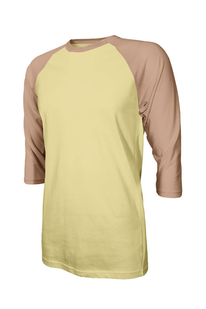 Showcase your own designs logo on this Angled Front Three Quarter Sleeves Baseball Tshirt Mock Up In Yellow Custard Color. Promote your clothing across with this photorealistic Mock up - Photo, Image