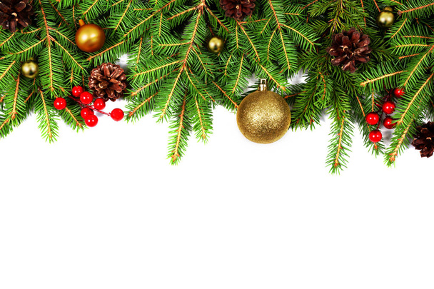 Christmas border with fir branches on white. - Φωτογραφία, εικόνα