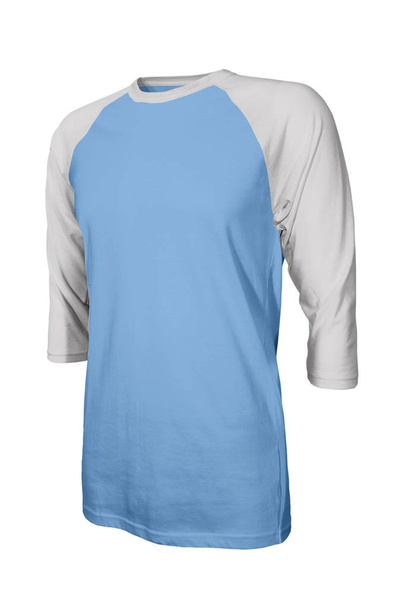 präsentieren Sie Ihr eigenes Design-Logo auf diesem abgewinkelten vorderen Dreiviertelärmel Baseball-T-Shirt-Attrappe in Little Boy Blue Farbe. Promoten Sie Ihre Kleidung mit diesem fotorealistischen Mock-up - Foto, Bild
