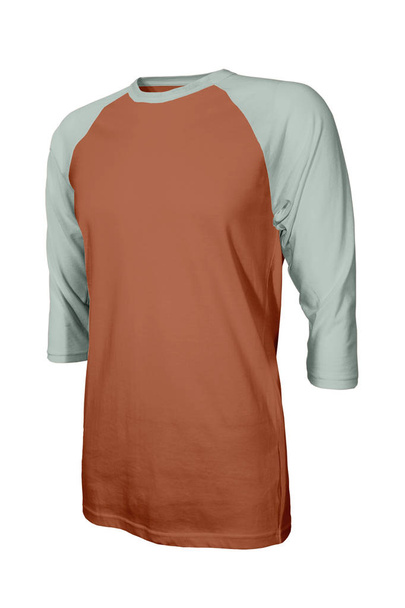 Showcase your own designs logo on this Angled Front Three Quarter Sleeves Baseball Tshirt Mock Up In Pottery Clay Color. Promote your clothing across with this photorealistic Mock up - Photo, Image