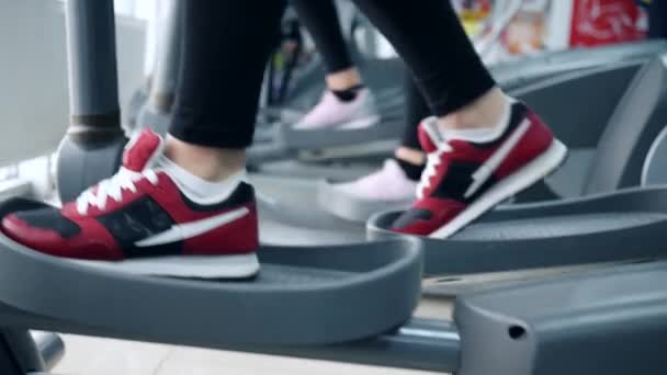 cardio workout, legs of person go on Elliptical trainers in sports club - Footage, Video
