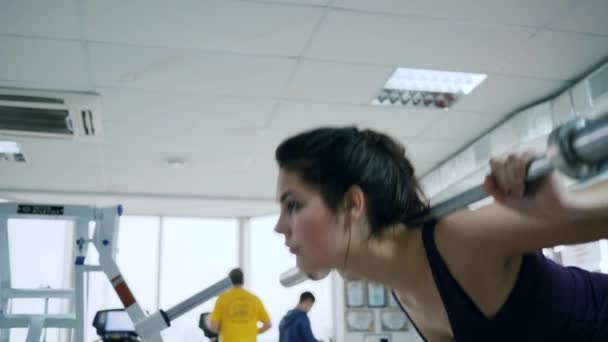 entrenamiento de fuerza, la mujer realiza ejercicio con barra en los hombros en el complejo deportivo
 - Imágenes, Vídeo