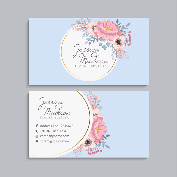 Light blue business card template with pink flowers - ベクター画像