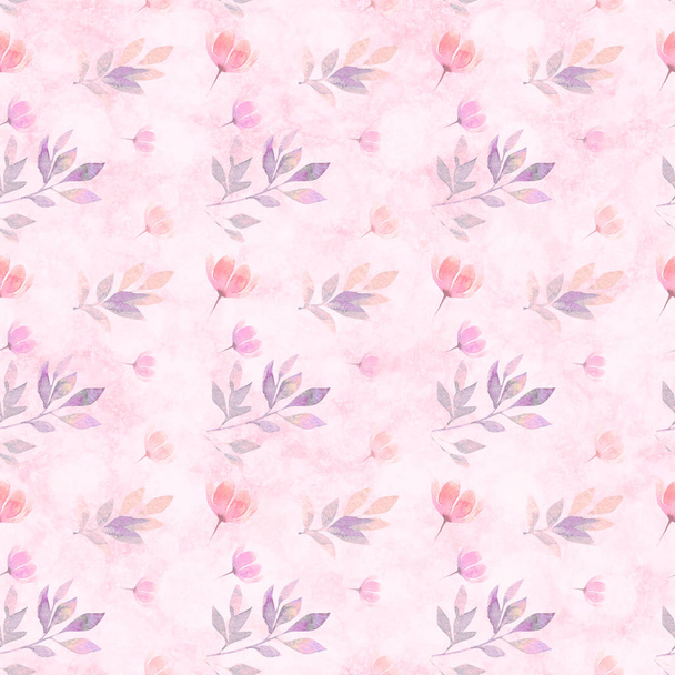 Trendy seamless pattern with different watercolor floral elements on light pink background. - Foto, Bild