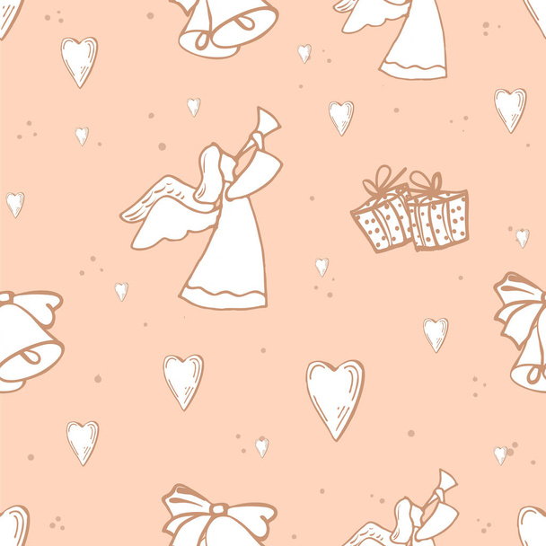 image of angels, hearts and gifts on a light pink background - Foto, afbeelding