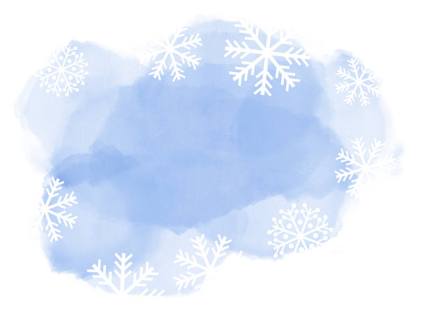 Streszczenie zimowego krajobrazu na jasnoniebieskich plamach akwarelowych z płatkami śniegu na białym tle i przestrzeni kopii.  - Zdjęcie, obraz