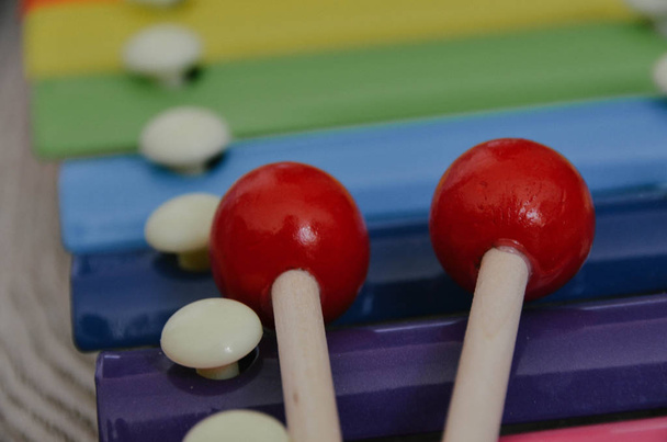 Bright colorful xylophone with red sticks close up on wooden background. Montessori musical instrument - Photo, image