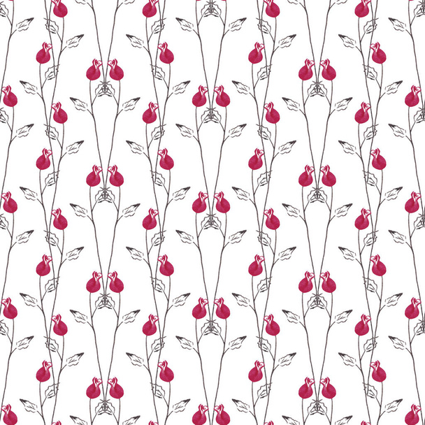 Seamless pattern of decorative red mini roses on black stems. Simple silhouette drawing. Watercolor hand painted elements isolated on white background.  - Fotografie, Obrázek