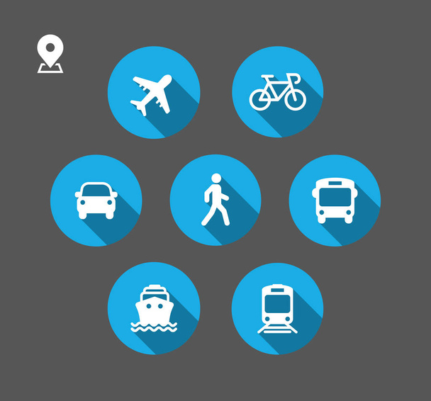 Işınlama simgeleri. Yürüyüş adamı, Bisiklet, Uçak, Kamu Otobüsü, Tren, Gemi / Feribot ve Otomobil Tabelası. Teslimat sembolü. Hava postası tabelası. Vektör - Vektör, Görsel