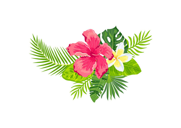 Tropical exotic leaves, hibiscus, plumeria flowers, vector illustration isolated on white background. Design element for poster, web, flyers, invitation, postcard, t-shirt, SPA, sticker. - Vector, Image
