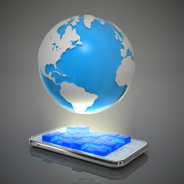 Three dimensional mobile phone and world globe isolated on white - Zdjęcie, obraz