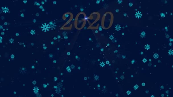 Mutlu bir 2020 yılı için animasyon Noel eskizi dileği koyu mavi bir alanda uçan kar tanelerinin arka planında İspanyolca. - Video, Çekim