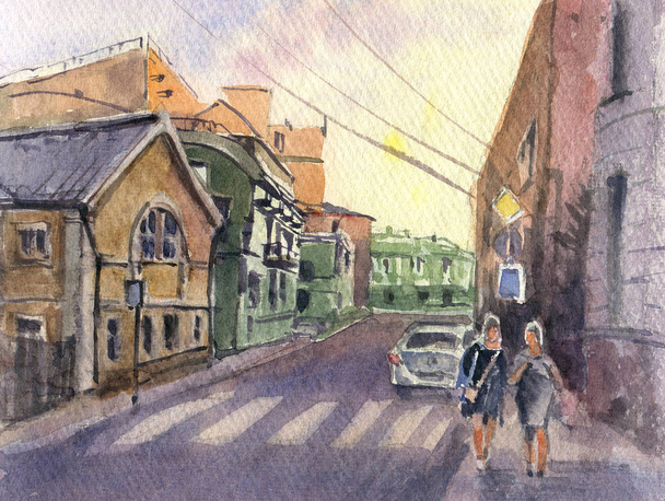 City landscape.  A sketch with watercolor. Hand-drawn illustration. - Photo, Image