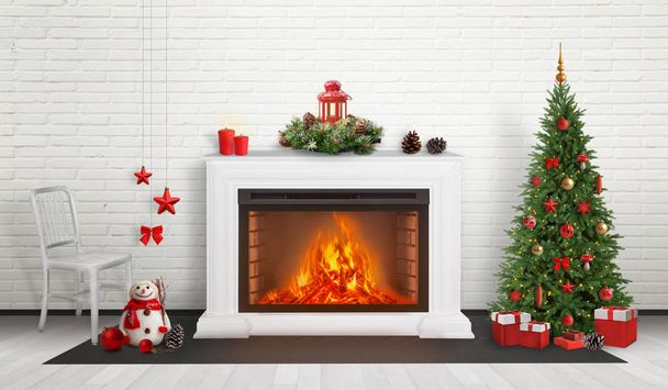 クリスマスと新年の装飾に囲まれた暖炉。横には以下の贈り物とクリスマスツリーが飾られています. - 写真・画像
