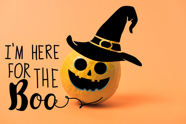 painted yellow Halloween pumpkin on orange colorful background with i am here for the boo illustration - Photo, Image
