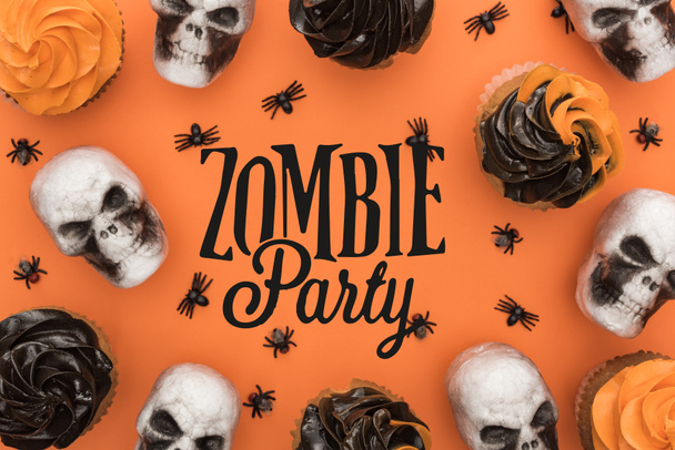 top view of delicious Halloween cupcakes with spiders and skulls on orange background with zombie party illustration  - Fotoğraf, Görsel