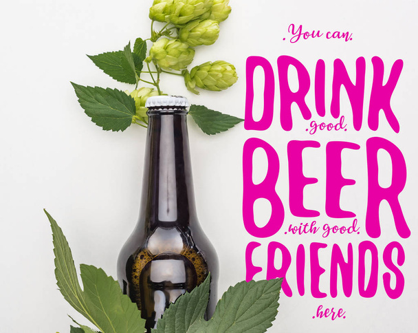 ylhäältä näkymä oluen pullossa vihreä kukinta hop valkoisella taustalla violetti voit juoda hyvää olutta hyviä ystäviä täällä kuva
 - Valokuva, kuva