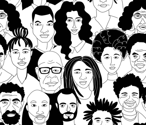 Black Women's men's head portraits line drawing doodle poster seamless pattern - Vector, Image