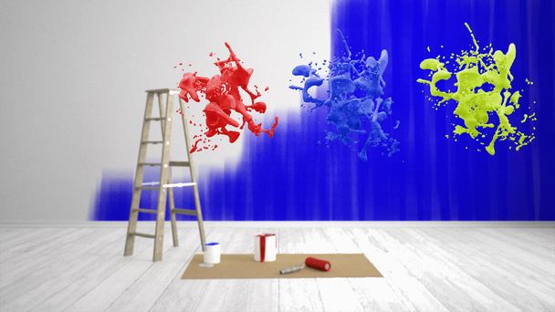 blank renoveren woonkamer met ladder en kleur spatborden - 3d Illustratie - Foto, afbeelding