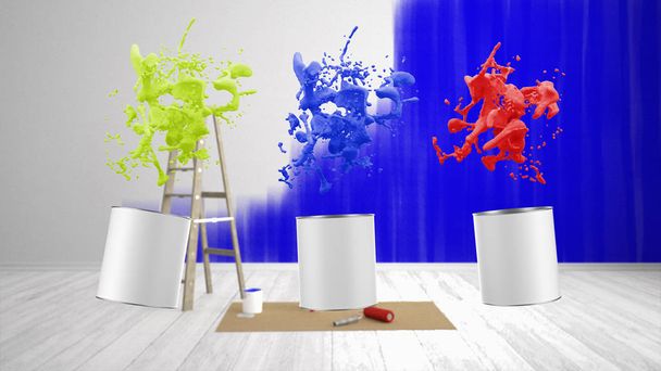 prázdný renovovat obývací pokoj s žebříkem a barevné stříkací kbelíky - 3D ilustrace - Fotografie, Obrázek