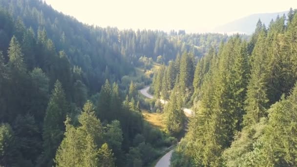 4K .Aerial. Smooth flight over mountain area with road, green wood  - Footage, Video
