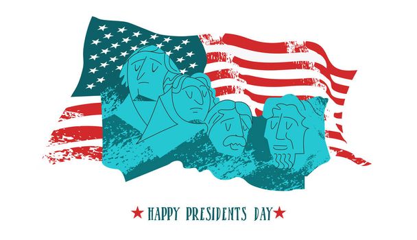 Happy presidents day. Vector illustration, greeting card. Monument on mount Rushmore in the United States containing sculptural portraits of four U.S. presidents: George Washington, Thomas Jefferson, Theodore Roosevelt and Abraham Lincoln. - Vector, Image