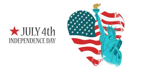 4 juillet Jour de l'indépendance. Affiche vectorielle, carte de vœux. Statue de la liberté avec une torche à la main sur le fond du drapeau américain en forme de cœur
. - Vecteur, image