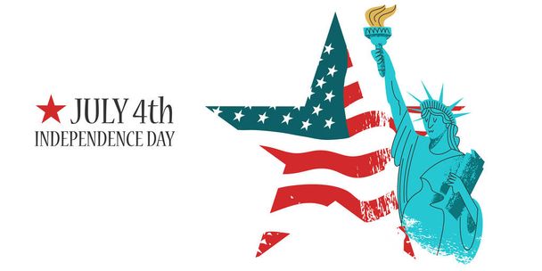Dzień Niepodległości 4 lipca. Plakat wektorowy, kartka z życzeniami. Statua Wolności z pochodnią w dłoni na tle amerykańskiej flagi w kształcie gwiazdy. - Wektor, obraz