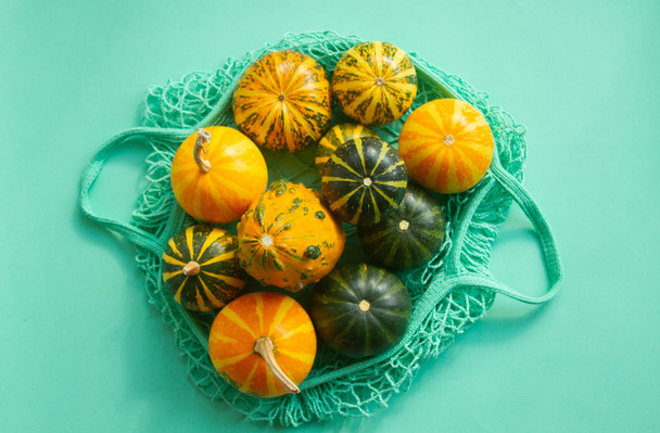 Several yellow autumn pumpkins lie in a shopping bag on a green mint background.  - Fotó, kép