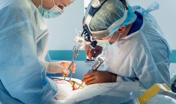 Spinal surgery. Group of surgeons in operating room with surgery equipment. Laminectomy. Modern medical background - Photo, image