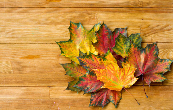 Jasna jesień liści na drewnianym stole. Piękne tło. Jest puste miejsce na napisy.. - Zdjęcie, obraz