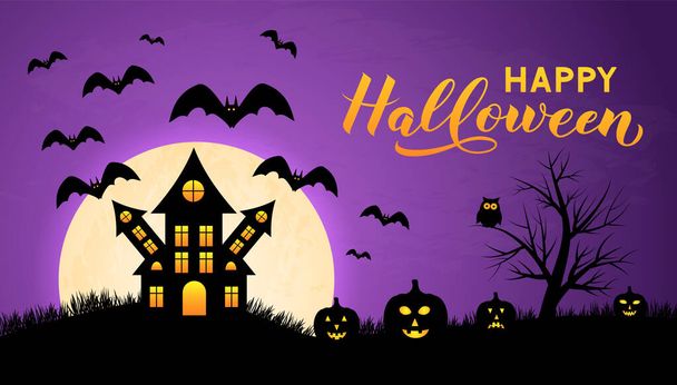 Halloween night vector illustration with Full moon Spooky Haunted House, pumpkins, bats and calligraphy hand lettering. Easy to edit template for greeting card, banner, poster, party invitation. - Vektor, kép