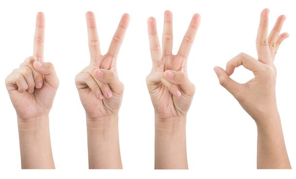 Mano femenina mostrar gestos 1 2 3 OK aislado sobre fondo blanco
. - Foto, Imagen