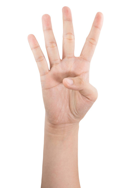 varios gestos y signos de la mano de la mujer aislada sobre fondo blanco con camino de recorte
. - Foto, Imagen